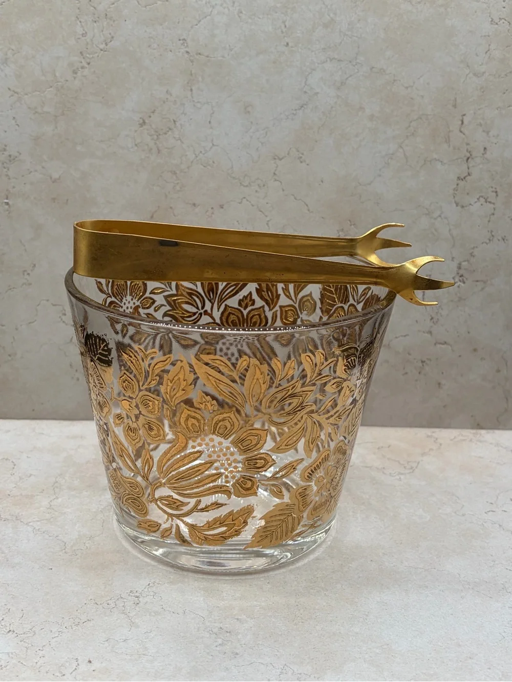1960's Georges Briard MCM Persian Garden Ice Bucket And Tongs 22k Gold Embellish